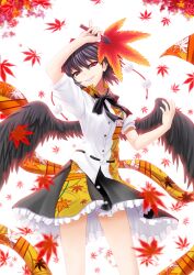  black_hair black_wings commentary_request dress_shirt female hand_fan hat leaf looking_at_viewer photoshop_(medium) red_eyes shameimaru_aya shirt short_hair skirt smile solo sumeragi_seisuke tokin_hat touhou wings 