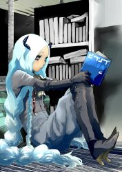  1ji45fun blue_hair book bookshelf boots braid commentary_request female gloves grey_eyes horns long_hair multiple_braids pixiv_fairy reading serious sitting solo very_long_hair 