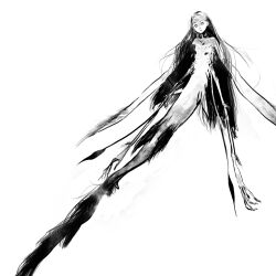  closed_mouth dan_kim female fins full_body greyscale horror_(theme) long_arms long_fingers long_hair looking_at_viewer mermaid monochrome monster_girl nude original solo white_background wings 