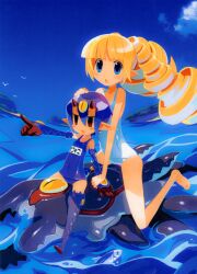  2girls :o archer_(disgaea) barefoot blonde_hair blue_eyes boots desco_(disgaea) disgaea drill_hair fish harada_takehito horns jingle_bell_earrings jitome makai_senki_disgaea_4 monster_girl multiple_girls official_art one-piece_swimsuit outdoors pointing purple_footwear purple_hair red_eyes school_swimsuit swimsuit water white_one-piece_swimsuit 