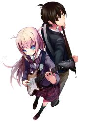  1boy akasaka_aka back-to-back black_hair blazer blonde_hair blue_eyes bow bowtie brown_eyes commentary_request ebisawa_mafuyu female guitar hands highres instrument jacket long_hair photoshop_(medium) plaid plaid_skirt resized sayonara_piano_sonata school_uniform short_twintails simple_background skirt twintails 