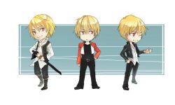  3boys bad_id bad_pixiv_id bakumatsu_rouman blonde_hair chibi chitoko_(krc2) color_connection crossover fatal_fury fate/stay_night fate_(series) garou:_mark_of_the_wolves gilgamesh_(fate) gilgamesh_(immoral_biker_jacket)_(fate) hair_color_connection hairstyle_connection jacket kaede_(bakumatsu_rouman) look-alike male_focus multiple_boys multiple_crossover official_alternate_costume one_eye_closed red_eyes red_jacket rock_howard sheath sheathed snk vest 