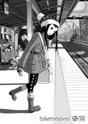  5girls argyle_clothes argyle_legwear arrow_(symbol) bag belt boots can coat commentary_request greyscale hat highres holding holding_can kokudou_juunigou long_hair long_sleeves looking_at_viewer mittens monochrome multiple_girls outdoors overhead_line pantyhose parted_lips photoshop_(medium) railroad_tracks sitting smile stairs standing standing_on_one_leg striped_clothes striped_thighhighs tactile_paving thighhighs tokurei_sochi_dantai_stella_jogakuin_c3_bu train_station train_station_platform winter_clothes winter_coat 