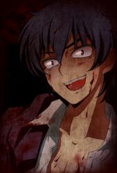  1boy b_(kana0816) black_hair blood brown_eyes commentary_request corpse_party crazy_eyes kizami_yuuya male_focus solo spoilers 