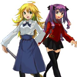  2girls ahoge artoria_pendragon_(fate) black_pantyhose black_thighhighs blonde_hair brown_hair commentary_request cosplay crossover dress fate/stay_night fate_(series) hair_ribbon hoshii_miki idolmaster idolmaster_(classic) joriosuta long_hair marimo_(toranoana) multiple_girls pantyhose purple_hair ribbon saber_(fate) saber_(fate)_(cosplay) short_twintails thighhighs tohsaka_rin tohsaka_rin_(cosplay) toranoana turtleneck twintails two_side_up zettai_ryouiki 