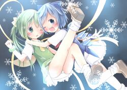  2girls ascot asymmetrical_hair bad_id bad_pixiv_id blue_eyes blue_hair blue_skirt blush bow bracelet cirno daiyousei green_eyes green_hair green_skirt hair_ribbon hairbow highres hug ice ice_wings jewelry leg_up lolicon multiple_girls one_eye_closed open_mouth panties ribbon sakuraba_hikaru_(loveindog) shoes short_hair side_ponytail skirt smile snow touhou underwear white_legwear white_panties wings 