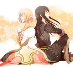  1boy black_hair boots closed_eyes commentary_request estellise_sidos_heurassein female gloves grey_footwear knee_boots long_hair lowres photoshop_(medium) pink_hair satsu smile tales_of_(series) tales_of_vesperia yuri_lowell 