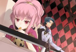  1boy anya_alstreim bad_id bad_pixiv_id blue_hair boots brown_eyes cccpo checkered_background code_geass couch eating female food fruit jeremiah_gottwald knights_of_the_round_uniform legs_up mouth_hold orange_(fruit) pink_eyes pink_hair short_hair smile 