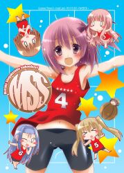  &gt;_&lt; 5girls armpits asymmetrical_hair ball basketball basketball_(object) bike_shorts blonde_hair blue_hair blush blush_stickers brown_hair chibi closed_eyes commentary_request cover glasses hair_ribbon hakamada_hinata hasegawa_subaru kashii_airi kazahana_chiruwo long_hair minato_tomoka misawa_maho mole multiple_girls nagatsuka_saki navel one_eye_closed open_mouth photoshop_(medium) pink_hair ribbon rou-kyuu-bu! short_hair side_ponytail smile twintails very_long_hair 