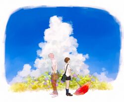  1boy back-to-back bad_id bad_pixiv_id bag border brown_hair cloud day fading_border female flower hydrangea konno_makoto mamiya_chiaki outdoors see-through short_hair toki_wo_kakeru_shoujo umbrella yodaredato 