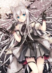  6u_(eternal_land) animal_ears bad_id bad_pixiv_id bell black_gloves blue_eyes bow cat_ears commentary_request female gloves long_hair open_mouth original petals photoshop_(medium) shirt silver_hair skirt smile very_long_hair 