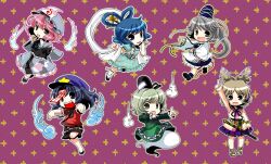  6+girls beret blue_eyes blue_hair blush brown_eyes brown_hair chibi commentary_request dress earmuffs ghost ghost_tail green_dress green_eyes green_hair grey_eyes grey_hair hair_ornament hair_rings hair_stick hat hat_ornament highres hitodama japanese_clothes jiangshi kaku_seiga miyako_yoshika mononobe_no_futo multiple_girls ofuda open_mouth outstretched_arms photoshop_(medium) pink_eyes pink_hair ponytail ribbon saigyouji_yuyuko shawl short_hair skirt smile socha soga_no_tojiko star_(symbol) star_hat_ornament sword tate_eboshi ten_desires touhou toyosatomimi_no_miko triangular_headpiece weapon zombie_pose 