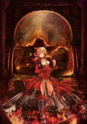  ahoge armor blonde_hair breasts chinese_commentary cleavage closed_eyes commentary_request destruction dress epaulettes fate/extra fate_(series) female fire greaves hair_ribbon harp instrument jianren lyre medium_breasts nero_claudius_(fate) nero_claudius_(fate/extra) pillar ribbon see-through solo 