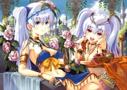  2girls :d armlet bare_shoulders blue_eyes blue_sky blush bracelet breasts building circlet cleavage cloud commentary_request crossed_legs cup day flower food fruit hair_ornament head_rest jewelry large_breasts long_hair looking_at_viewer multiple_girls navel neck_ring necklace open_mouth original red_eyes sideboob silver_hair sitting sky smile strapless tube_top twintails yuu_(yuyukaikan) 