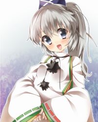  bad_id bad_pixiv_id female grey_eyes grey_hair hat japanese_clothes mononobe_no_futo open_mouth pom_pom_(clothes) ponytail ribbon short_hair smile solo supershiruco tate_eboshi touhou upper_body 