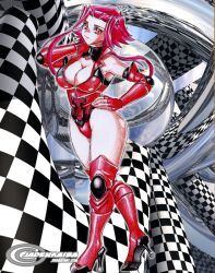  biker_clothes bikesuit bodysuit boots breasts checkered cleavage elbow_gloves female female fingerless_gloves full_body gloves hand_on_hip high_heels hips huge_breasts izayoi_aki jadenkaiba knee_high_boots large_breasts legs leotard looking_at_viewer pose red_eyes red_hair short_hair skin_tight skintight solo standing swimsuit thighs turtleneck yu-gi-oh! yugioh_5d&#039;s yuu-gi-ou_5d&#039;s zipper 