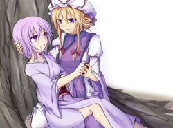  2girls bad_id bad_pixiv_id blonde_hair blood breasts dress dying hat japanese_clothes kenuu_(kenny) kimono long_hair medium_breasts multiple_girls no_headwear obi open_mouth photoshop_(medium) pink_eyes pink_hair purple_eyes ribbon saigyouji_yuyuko saigyouji_yuyuko_(living) sash short_hair tears touhou tree yakumo_yukari 