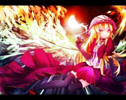  alternate_costume arm_support bad_id bad_pixiv_id black_thighhighs blonde_hair cup dress eclipse elbow_gloves female gloves hat hat_ribbon kusakanmuri letterboxed long_hair looking_at_viewer purple_eyes ribbon shoes skirt smile solar_eclipse solo thighhighs touhou water yakumo_yukari 