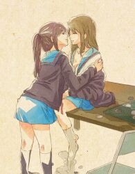  2girls black_socks blue_sailor_collar blue_skirt board_game brown_cardigan brown_eyes brown_hair cardigan closed_eyes commentary_request couple desk genderswap_(mtf) imminent_kiss kita_high_school_uniform koizumi_itsuki_(female) kyonko long_hair long_sleeves multiple_girls on_desk open_cardigan open_clothes ponytail reversi rule_63 sailor_collar school_uniform serafuku shironekong single_sock sitting skirt sock_dangle sock_pull socks suzumiya_haruhi_no_yuuutsu table white_socks winter_uniform yuri 