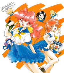  1990s_(style) 3boys 4girls :o bakuretsu_hunters black_hair blonde_hair blue_hair book carrot_glace chibi chocolate_misu crossdressing daughter_(bakuretsu_hunters) double_bun dress gateau_mocha glasses hair_bun happy kanure_stella long_hair marron_glace multiple_boys multiple_girls official_art omishi_rei open_mouth ponytail purple_hair red_hair retro_artstyle round_eyewear scan school_uniform short_hair tira_misu v 