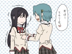  2girls akemi_homura black_hair blue_hair breast_poke commentary_request hair_ornament hairband hairclip long_hair mahou_shoujo_madoka_magica mahou_shoujo_madoka_magica_(anime) meme miki_sayaka mitakihara_school_uniform multiple_girls nipple_guessing_game_(meme) no_nose poking purple_eyes school_uniform short_hair torinone translated 