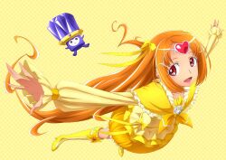  boots bow brooch bubble_skirt chikuyama circlet commentary_request cure_muse_(yellow) dodory earrings eyelashes female frills full_body hair_ribbon heart jewelry knee_boots long_hair magical_girl orange_hair orange_skirt outstretched_arms photoshop_(medium) precure red_eyes ribbon shirabe_ako skirt smile spread_arms suite_precure yellow_background yellow_bow yellow_theme 