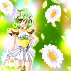  ai_tenshi_densetsu_wedding_peach angel_daisy bridal_garter brooch brown_eyes commentary_request daisy female flower green_hair hand_on_own_hip headgear jewelry magical_girl short_hair skirt smile solo sparkle tamano_hinagiku yukinyan 