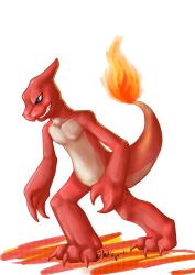  anthro blue_eyes charmeleon claws commander_ledi fire generation_1_pokemon grin horn male nintendo pokemon pokemon_(species) pokemorph reptile scalie simple_background smile solo teeth white_background 