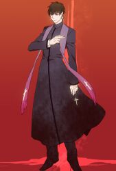  1boy bad_id bad_pixiv_id brown_eyes brown_hair cross cross_earrings earrings fate/zero fate_(series) jewelry kotomine_kirei male_focus photoshop_(medium) priest robe solo stole yuuto_(sky_cloister) 