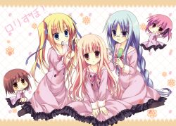  5girls asakura_hayate blonde_hair blue_eyes blue_hair braid brown_eyes brown_hair chibi commentary_request frills glasses hair_brush hair_ribbon hakamada_hinata kashii_airi keishin_academy_school_uniform long_hair minato_tomoka misawa_maho mouth_hold multiple_girls nagatsuka_saki open_mouth photoshop_(medium) pink_eyes pink_hair purple_eyes ribbon rou-kyuu-bu! school_uniform short_hair side_ponytail socks twintails very_long_hair 