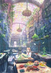  2girls \(^o^)/ book book_stack bookshelf closed_eyes commentary_request denki fantasy flower hair_flower hair_ornament indoors ladder library loaded_interior multiple_girls original overgrown plant pop-up_book room scenery twintails 