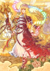  blonde_hair brown_flower buddhism cloud commentary_request dress female flower gradient_hair hijiri_byakuren jacket long_hair momijigari multicolored_hair ornate peony_(flower) photoshop_(medium) purple_hair scroll shakujou shoes solo sorcerer&#039;s_sutra_scroll staff strap touhou white_dress yellow_eyes 