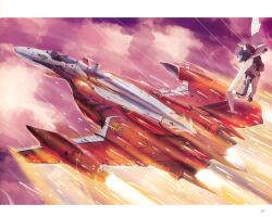  1boy aircraft airplane armor blue_hair canards cloud damaged ex-gear fighter_jet highres jet long_hair macross macross_frontier male_focus military military_vehicle non-web_source official_art ponytail power_armor power_suit s.m.s. saotome_alto scan science_fiction sky spoilers tenjin_hidetaka variable_fighter vehicle_focus yf-29 