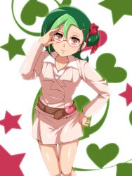  belt bow brown_eyes glasses green_hair hairbow mizuki_kotori_(yugioh_zexal) mizuki_kotori_(yuu-gi-ou_zexal) skirt smile yu-gi-oh! yugioh_zexal yuu-gi-ou_zexal 