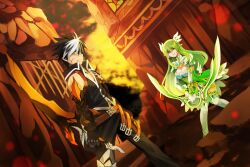  1boy belt black_hair bow_(weapon) breasts commentary_request dress elsword female full_body gloves grand_archer_(elsword) green_hair ivy60530 light_green_hair long_hair medium_breasts multicolored_hair pants photoshop_(medium) pointy_ears raven_cronwell reckless_fist_(elsword) rena_erindel sword thighhighs two-tone_hair v_arms weapon white_hair white_legwear yellow_eyes 