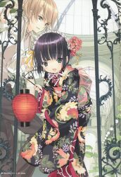  blonde_hair claude_claudel croisee green_eyes hair_decore ikoku_meiro_no_croisee japanese_clothes japanese_lantern kimono lantern purple_hair takeda_hinata yune_(ikoku_meiro_no_croisee) 