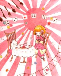  :3 apple asahi_(pamuko) bad_id bad_pixiv_id blush candy chair checkerboard_cookie cookie dice female flag_background flower food fork fruit highres japanese_clothes kimono knife konpeitou original rising_sun_flag short_hair sitting solo spoon sunburst sunburst_background table tablecloth tea teapot 