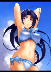  :o ahoge armpits arms_behind_head arms_up bikini blue_hair blue_sky breasts cloud commentary_request covered_nipples crop_top day female hat idolmaster idolmaster_(classic) impossible_clothes jyon large_breasts long_hair looking_away midriff miura_azusa navel necktie purple_eyes sailor sailor_bikini sailor_collar sailor_swimsuit_(idolmaster) shiny_skin side-tie_bikini_bottom sky solo swimsuit white_bikini 