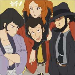  3boys arsene_lupin_iii beard belt black_hair black_jacket black_necktie brown_hair cigarette collarbone commentary_request crossed_arms everyone facial_hair female formal hat hug hug_from_behind ishikawa_goemon_xiii jacket jigen_daisuke lupin_iii mine_fujiko multiple_boys necktie open_mouth raised_eyebrow red_jacket suit sweatdrop teeth yellow_necktie zyunya 