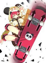  breasts commentary_request female green_eyes grin knee_pads large_breasts motion_blur one_eye_closed original panda red_hair reko_(torinegi) shirt skateboard smile solo taut_clothes taut_shirt white_background 