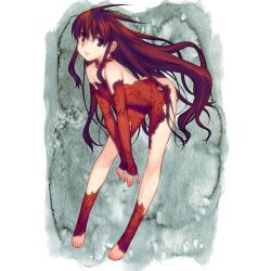  ass barefoot bent_over collar female full_body kuro_(kurokami) kurokami leaning_forward long_hair looking_at_viewer park_sung_woo photoshop_(medium) red_collar red_eyes red_hair solo toes v_arms 