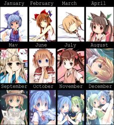  6+girls :d animal_ears ascot bad_id bad_pixiv_id bakemonogatari blonde_hair blue_bow blue_eyes blue_hair blush bow bowtie brown_eyes calendar_(medium) cirno daiyousei flower green_hair hachikuji_mayoi hair_between_eyes hair_flower hair_ornament hair_ribbon hairbow hat holding holding_instrument holding_map horn_ornament horn_ribbon horns ibuki_suika instrument looking_at_viewer map monogatari_(series) moriya_suwako multiple_girls one_eye_closed open_mouth red_bow red_bowtie red_ribbon ribbon ribbon-trimmed_skirt ribbon-trimmed_sleeves ribbon_trim sakuraba_hikaru_(loveindog) shirai_kuroko shirt sleeveless sleeveless_shirt smile sunny_milk toaru_majutsu_no_index touhou violin yellow_ascot 