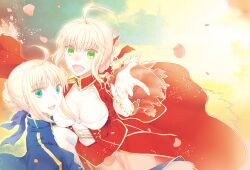  2girls ahoge artoria_pendragon_(fate) bad_id bad_pixiv_id blonde_hair blue_eyes blush breasts cleavage dress epaulettes fate/extra fate/stay_night fate_(series) green_eyes hair_ribbon medium_breasts multiple_girls nero_claudius_(fate) nero_claudius_(fate/extra) nichiru open_mouth outstretched_arm ribbon saber_(fate) short_hair smile 