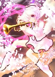  commentary_request female hair_over_one_eye hat instrument magic_circle merlin_prismriver petals pink_hair purple_eyes shirt short_hair skirt skirt_set smile socha solo touhou trumpet 