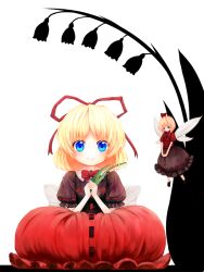  bad_id bad_pixiv_id blonde_hair blue_eyes bow bubble_skirt doll dress female flower hair_ribbon hairbow lily_of_the_valley looking_at_viewer medicine_melancholy nishi_masakazu no_nose ribbon short_hair sitting skirt smile snowbell_(flower) solo su-san touhou transparent_background wings 