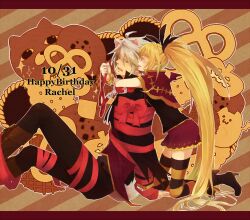  1boy animal_ears black_pants blazblue blonde_hair bound collar commentary_request female gii green_eyes hair_ribbon halloween happy_birthday heterochromia leash long_hair nago pants rachel_alucard ragna_the_bloodedge red_eyes ribbon thighhighs tied_up_(nonsexual) tomo_(tomorag7) twintails white_hair 