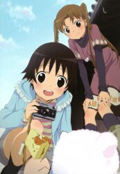  2girls absurdres black_hair blush brown_eyes brown_hair camera casual cloud day dress hands_on_own_knees highres hood hoodie imageboard_desourced kobayashi_akemi long_hair momoneko-sama multiple_girls non-web_source nyantype official_art okazaki_norie open_mouth rollei_35 sawatari_fuu scan shirt short_hair shorts sky socks striped_clothes striped_shirt tamayura twintails 