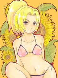  bikini blonde_hair brown_eyes female flower fugasi lantern_j long_hair midriff naruto navel ponytail side-tie_bikini smile solo swimsuit tamagokara tegaki tsunade 