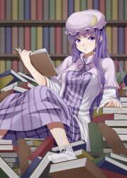  :o bad_id bad_pixiv_id book book_focus book_stack bookshelf crescent dress female hat heisei_yutorin holding holding_book long_hair patchouli_knowledge purple_eyes purple_hair sitting solo touhou white_legwear 