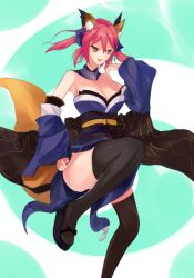  animal_ears bad_id bad_pixiv_id bare_shoulders bow breasts cleavage detached_sleeves fate/extra fate_(series) female fox_ears fox_tail geta hair_ribbon hairbow japanese_clothes medium_breasts pink_hair ribbon solo sound_tamashi tail tamamo_(fate) tamamo_no_mae_(fate/extra) thighhighs twintails yellow_eyes 